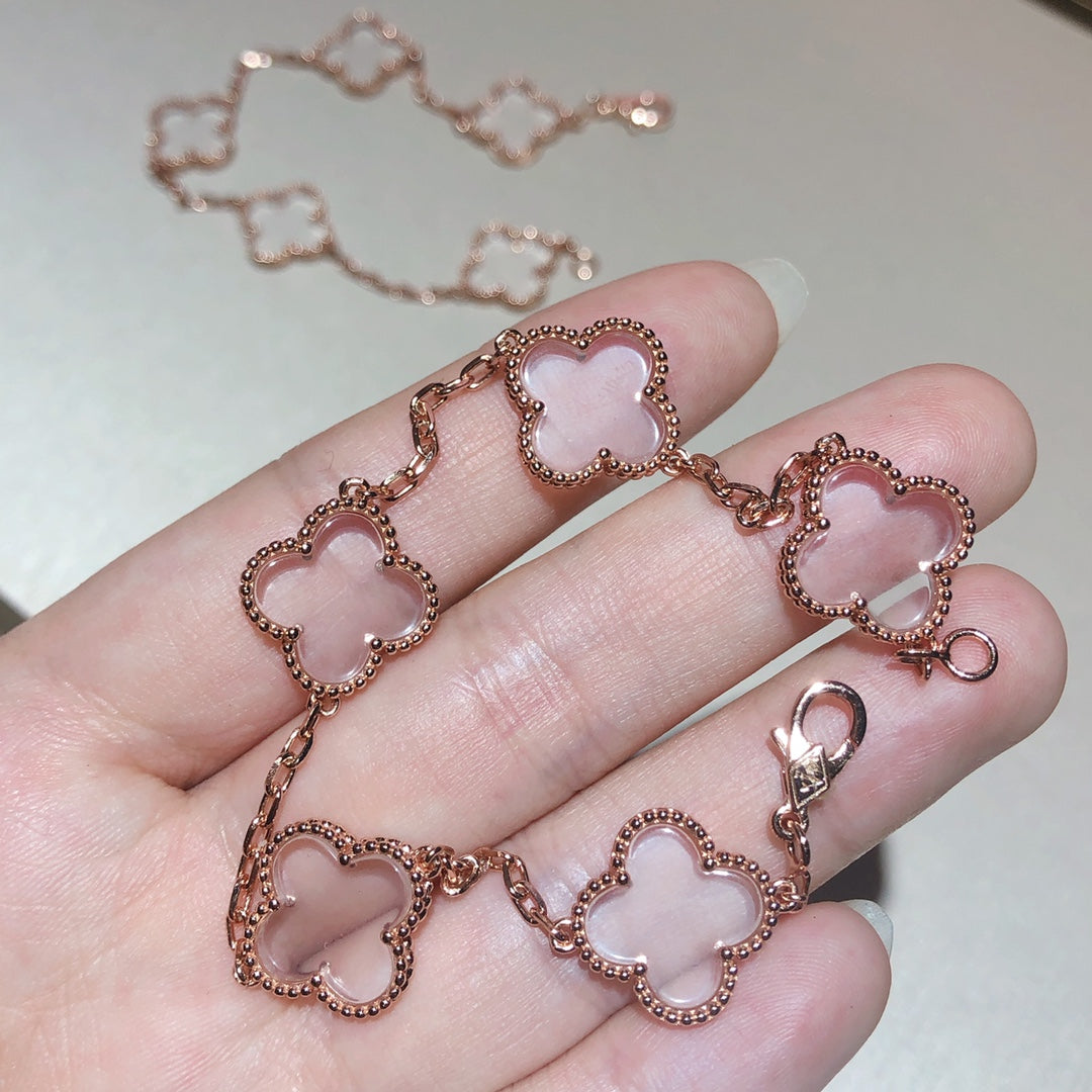 [LUXE] CLOVER 5 MOTIF ROCK CRYSTAL PINK GOLD BRACELET