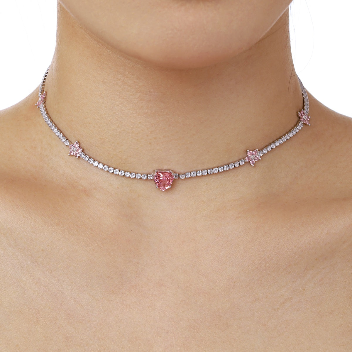 [LUXE]Dazzling Pink Heart Flower Necklace