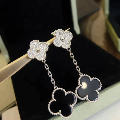 [LUXE] CLOVER 2 MOTIFS  DIAMOND ONYX EARRINGS SILVER