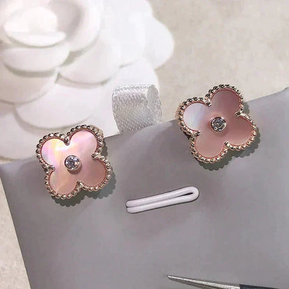 [LUXE] CLOVER MEDIUM 1 MOTIFS  PINK MOP DIAMOND EARRINGS