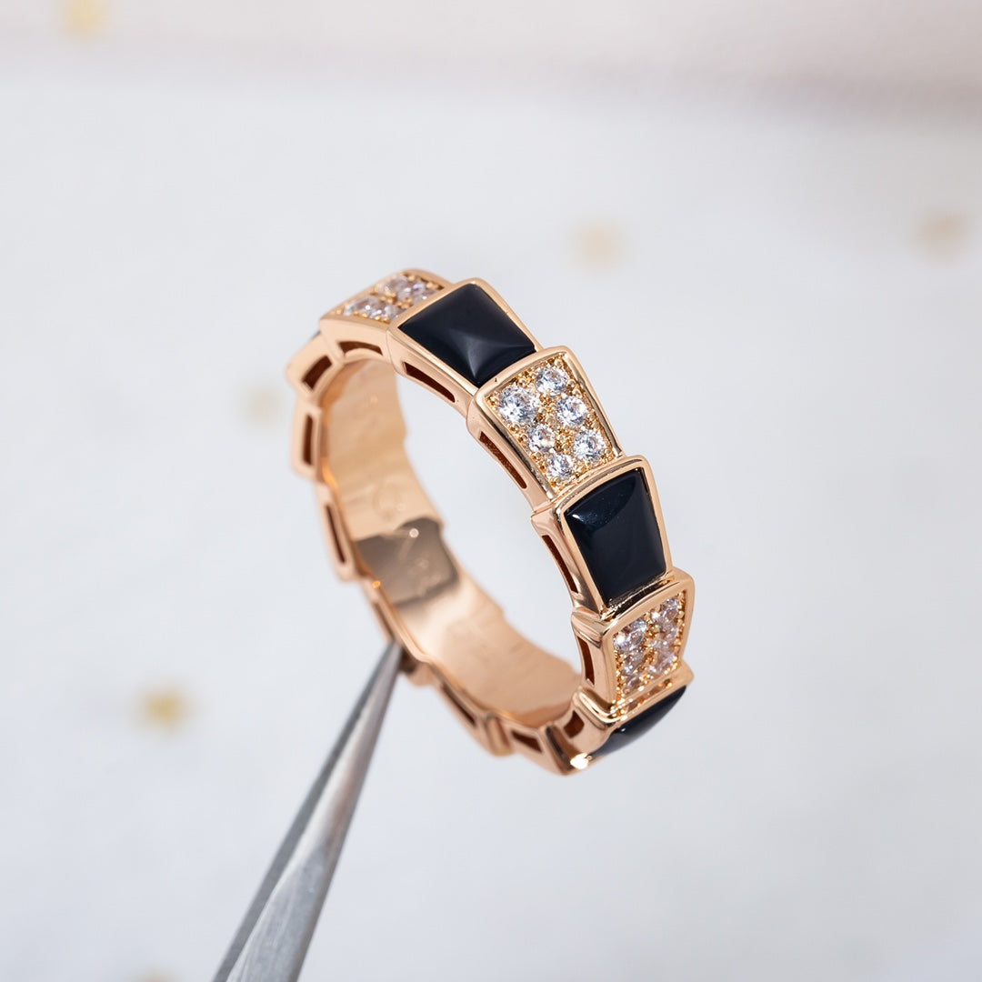 [LUXE]SERPENTI RING PINK GOLD BLACK MOP DIAMOND PAVED 4MM