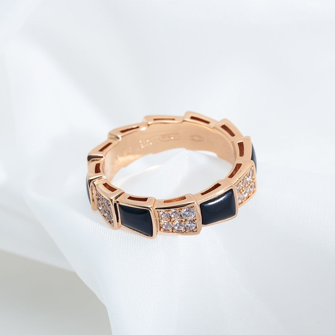 [LUXE]SERPENTI RING PINK GOLD BLACK MOP DIAMOND PAVED 4MM