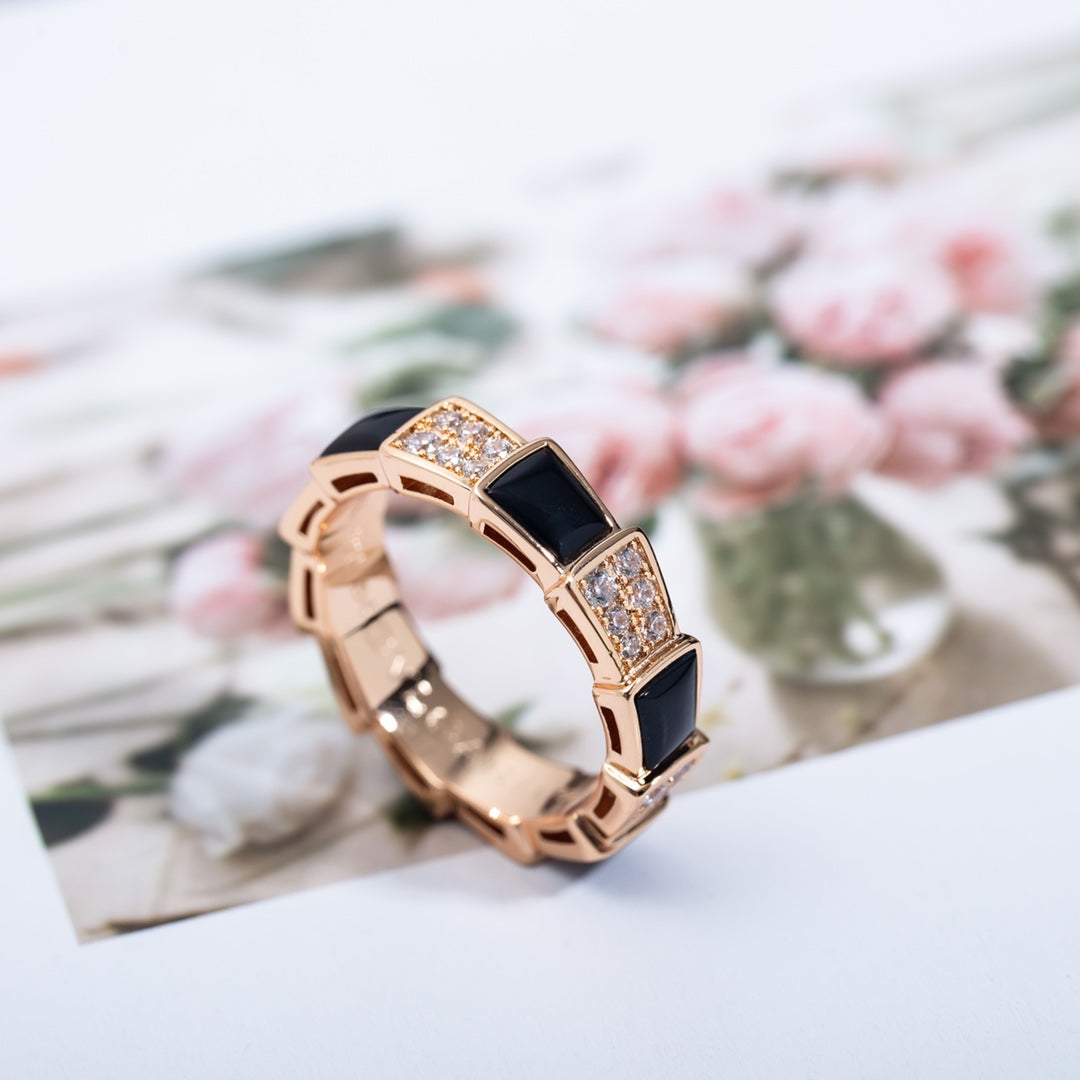 [LUXE]SERPENTI RING PINK GOLD BLACK MOP DIAMOND PAVED 4MM