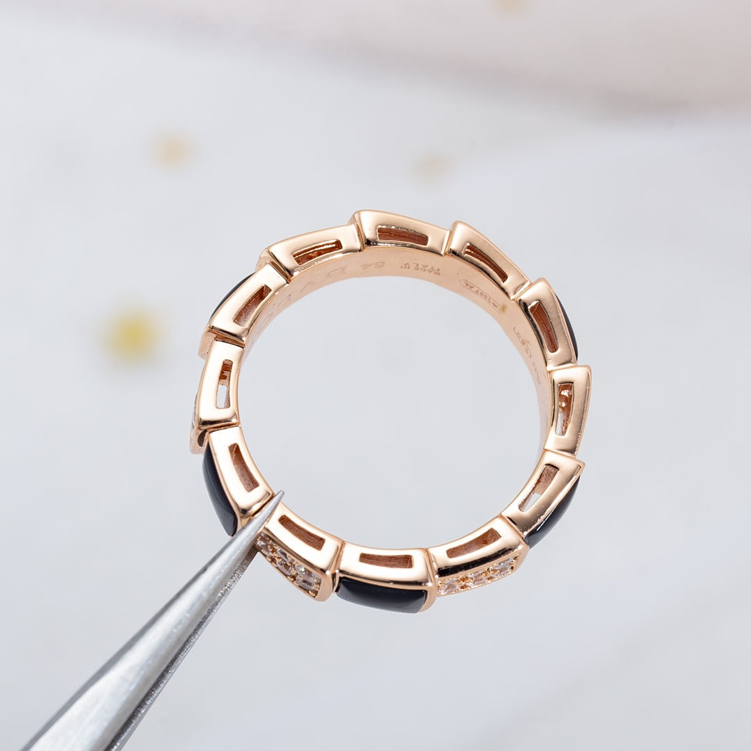 [LUXE]SERPENTI RING PINK GOLD BLACK MOP DIAMOND PAVED 4MM