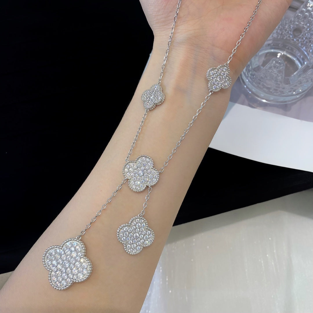 [LUXE] CLOVER 5 MOTIFS SILVER DIAMONDS NECKLACE