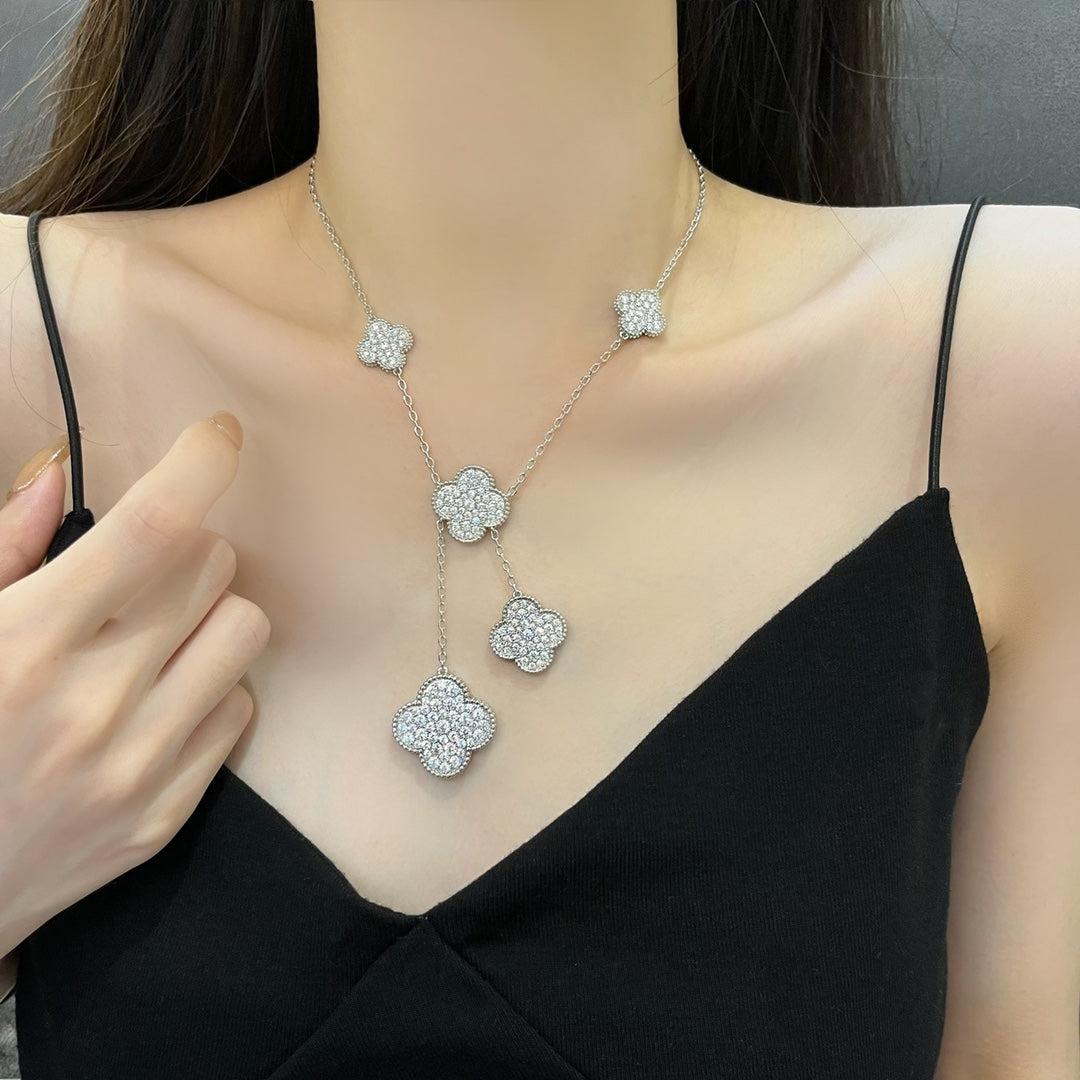 [LUXE] CLOVER 5 MOTIFS SILVER DIAMONDS NECKLACE