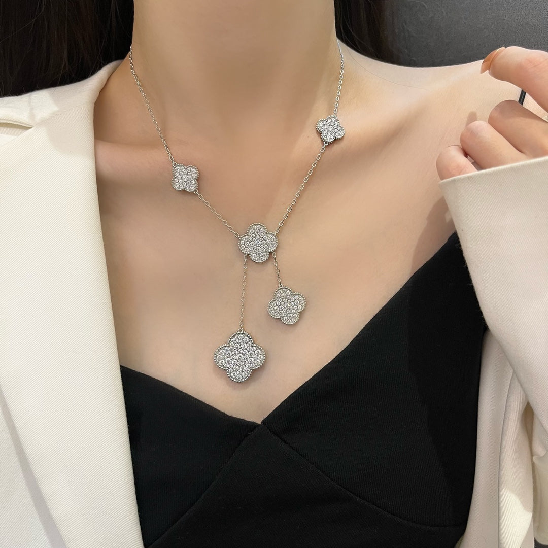 [LUXE] CLOVER 5 MOTIFS SILVER DIAMONDS NECKLACE