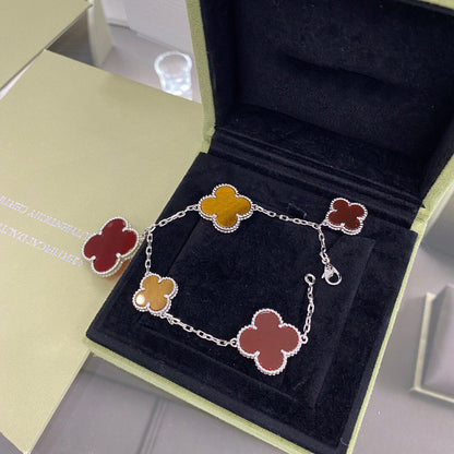 [LUXE] CLOVER 5 MOTIFS SIVLER CARNELIAN TIGER EYE BRACELET