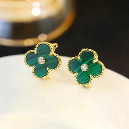 [LUXE] CLOVER MEDIUM 1 MOTIFS MALACHITE DIAMOND EARRINGS