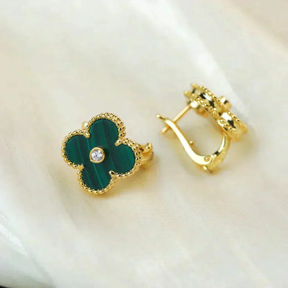 [LUXE] CLOVER MEDIUM 1 MOTIFS MALACHITE DIAMOND EARRINGS