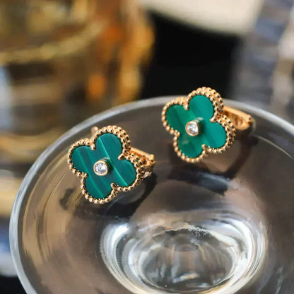 [LUXE] CLOVER MEDIUM 1 MOTIFS MALACHITE DIAMOND EARRINGS