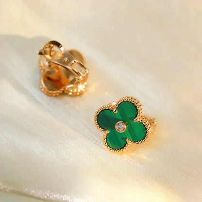 [LUXE] CLOVER MEDIUM 1 MOTIFS MALACHITE DIAMOND EARRINGS