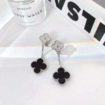 [LUXE] CLOVER 2 MOTIFS  DIAMOND ONYX EARRINGS SILVER