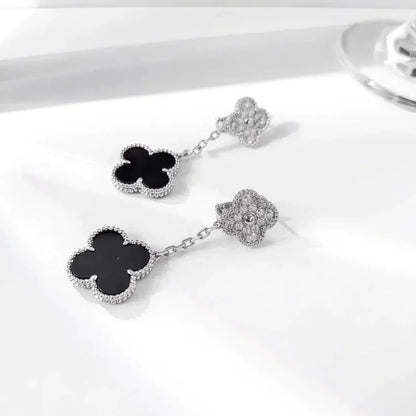 [LUXE] CLOVER 2 MOTIFS  DIAMOND ONYX EARRINGS SILVER