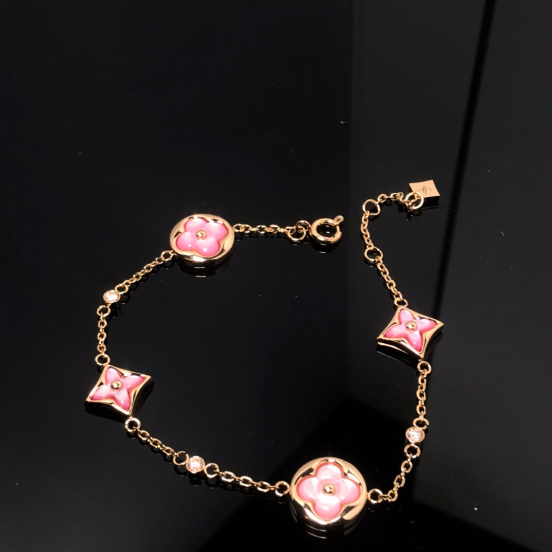 [LUXE]STAR AND SUN 4 MOTIF PINK MOP PINK GOLD BRACELET