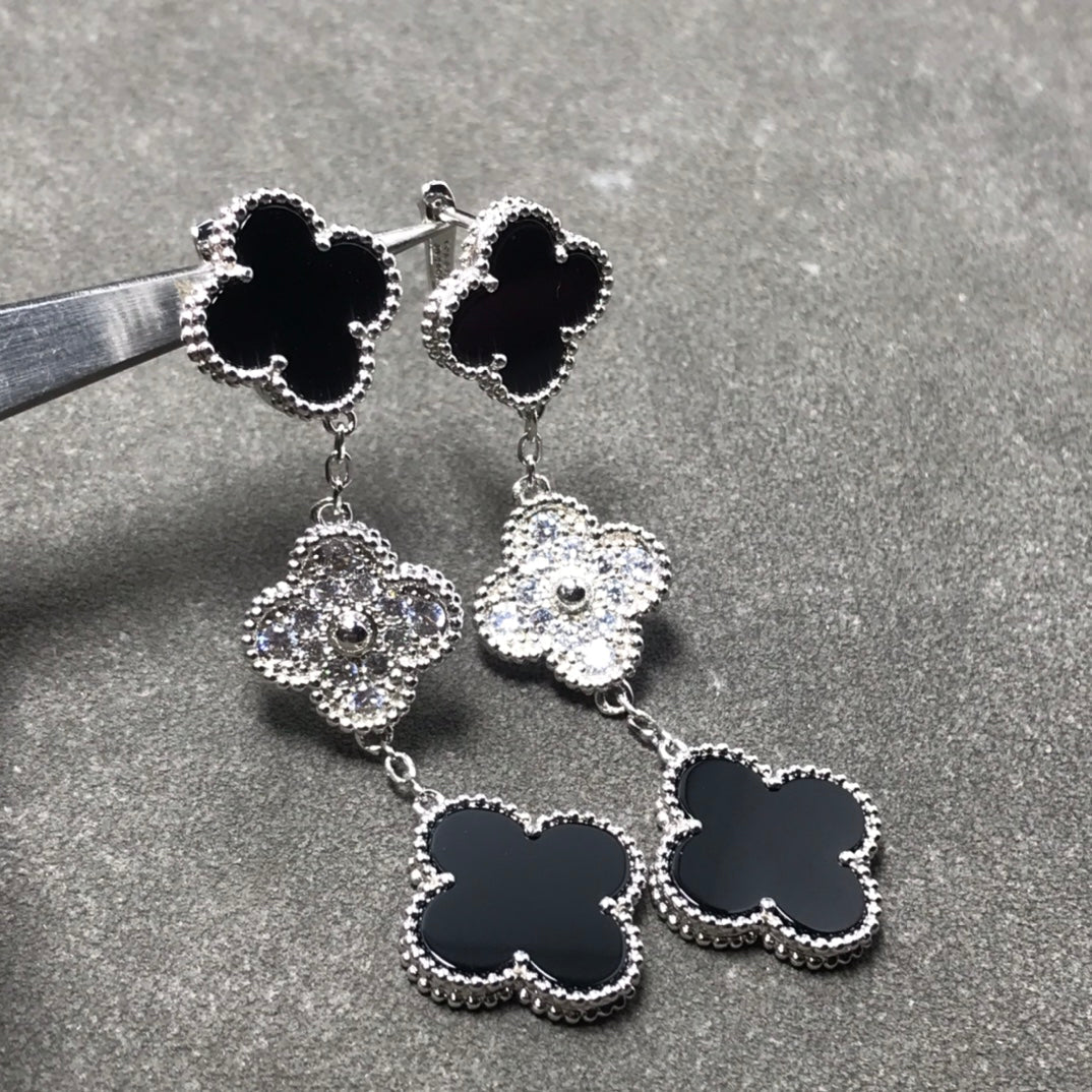 [LUXE] CLOVER 3 MOTIF DIAMOND ONYX SILVER EARRINGS