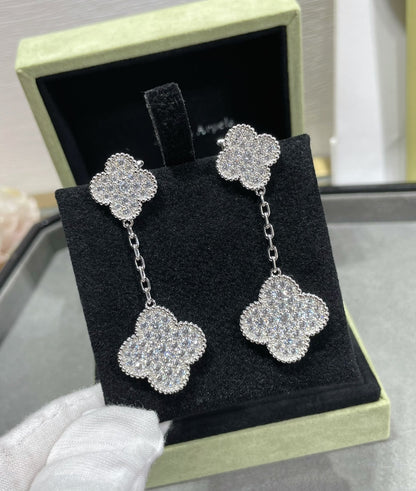 [LUXE] CLOVER 2 MOTIFS DIAMOND PAVED SILVER EARRINGS