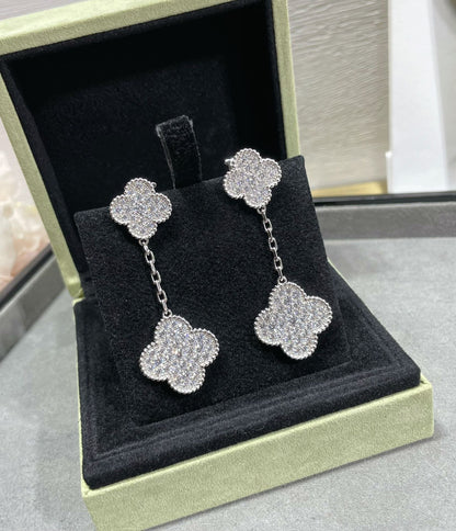 [LUXE] CLOVER 2 MOTIFS DIAMOND PAVED SILVER EARRINGS