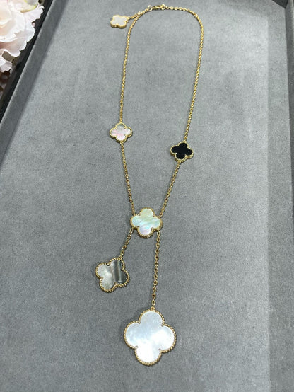 [LUXE] CLOVER 6 MOTIF MOP ONYX GOLD NECKLACE