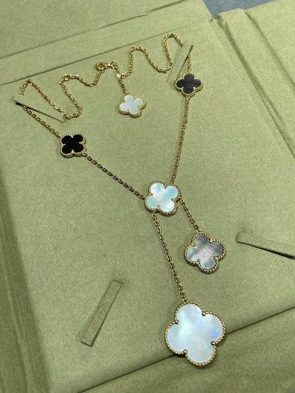 [LUXE] CLOVER 6 MOTIF MOP ONYX GOLD NECKLACE