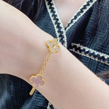 [LUXE] CLOVER 5 MOTIF DIAMOND PINK MOP PINK GOLD BRACELET