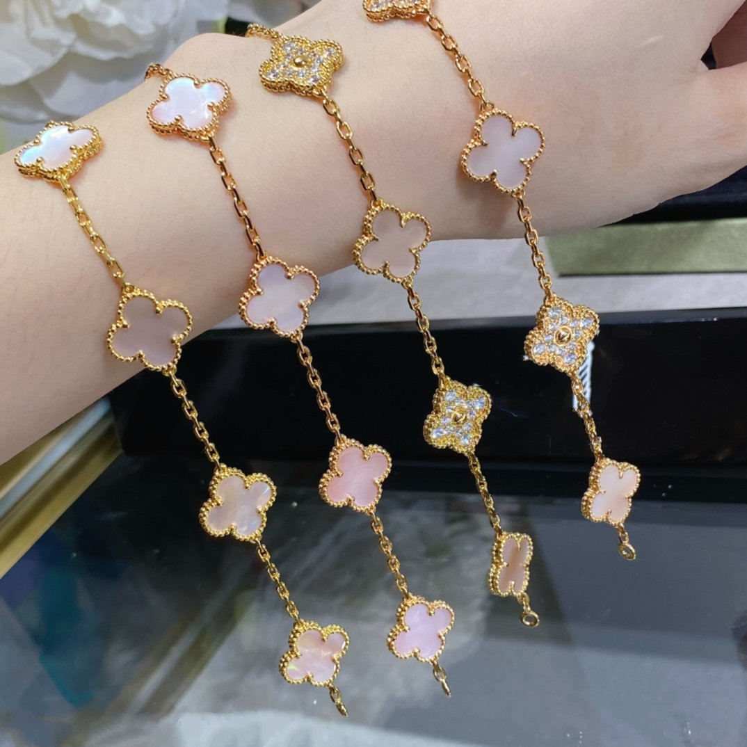 [LUXE] CLOVER 5 MOTIF DIAMOND PINK MOP PINK GOLD BRACELET