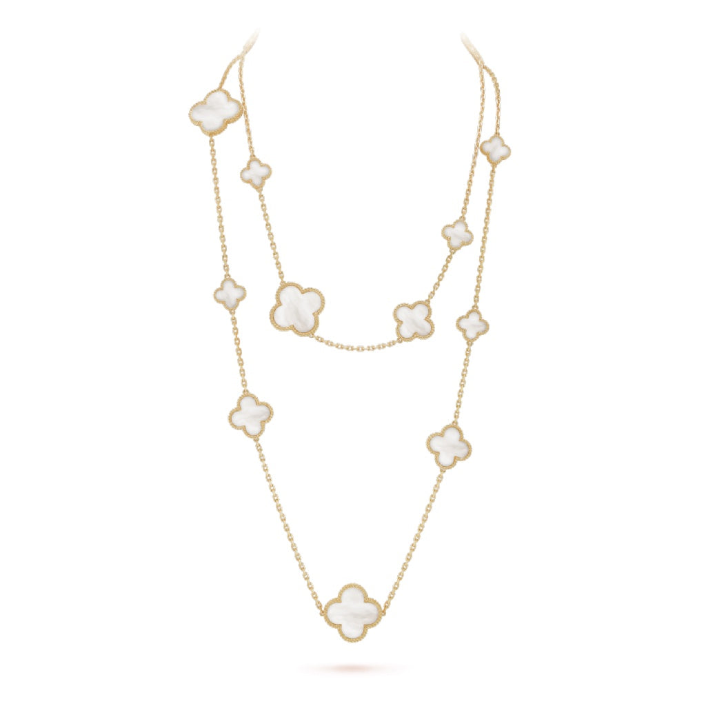 [LUXE] CLOVER 16 MOTIF WHITE MOP GOLD NECKLACE