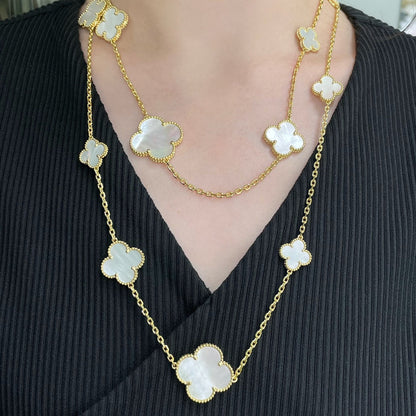 [LUXE] CLOVER 16 MOTIF WHITE MOP GOLD NECKLACE