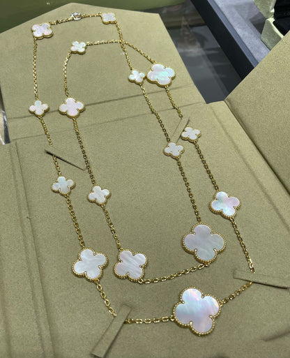 [LUXE] CLOVER 16 MOTIF WHITE MOP GOLD NECKLACE