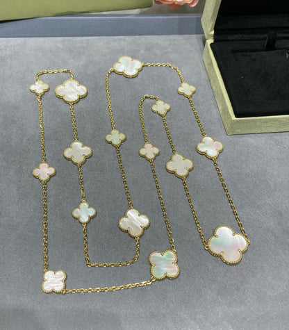 [LUXE] CLOVER 16 MOTIF WHITE MOP GOLD NECKLACE