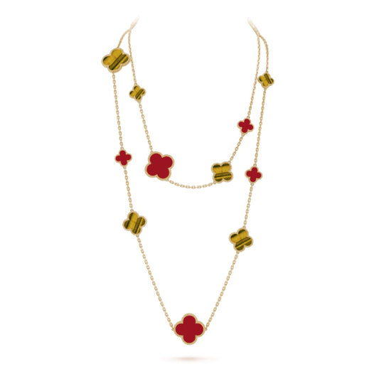 [LUXE] CLOVER 16 MOTIF CARNELIAN TIGER EYE ROSE GOLD NECKLACE