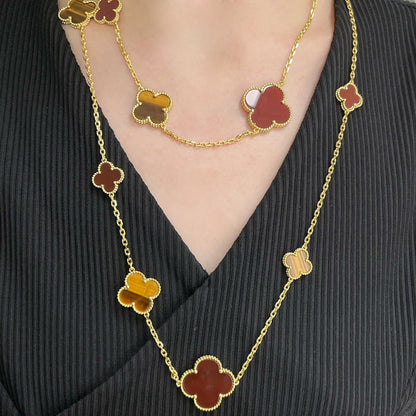 [LUXE] CLOVER 16 MOTIF CARNELIAN TIGER EYE ROSE GOLD NECKLACE