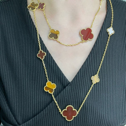 [LUXE] CLOVER 16 MOTIF CARNELIAN TIGER EYE ROSE GOLD NECKLACE