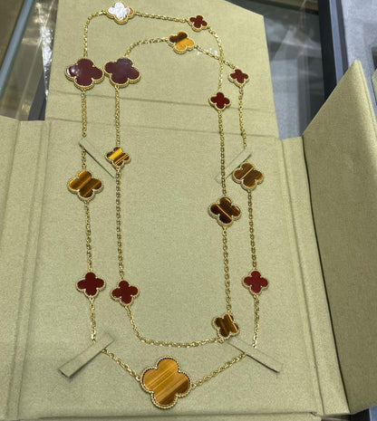 [LUXE] CLOVER 16 MOTIF CARNELIAN TIGER EYE ROSE GOLD NECKLACE