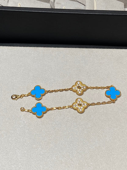 [LUXE] CLOVER 5 MOTIF BLUE CHALCEDONY DIAMOND GOLD BRACELET