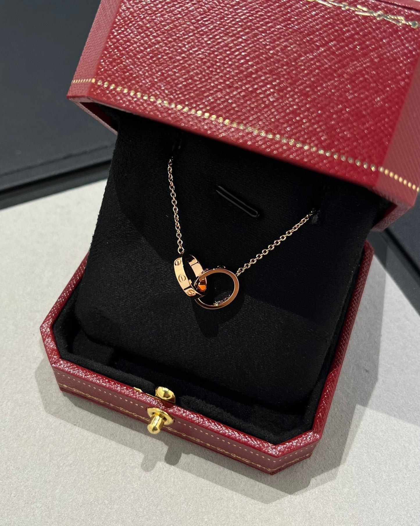 [LUXE]LOVE NECKLACE DOUBLE RING PINK GOLD