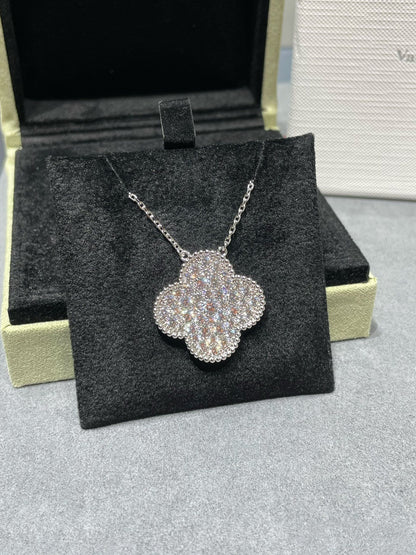 [LUXE] CLOVER 25MM LARGE PENDANT DIAMOND PAVED SILVER NECKLACE