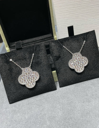 [LUXE] CLOVER 25MM LARGE PENDANT DIAMOND PAVED SILVER NECKLACE