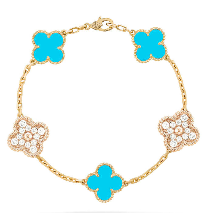 [LUXE] CLOVER 5 MOTIF TURQUOISE DIAMOND GOLD BRACELET