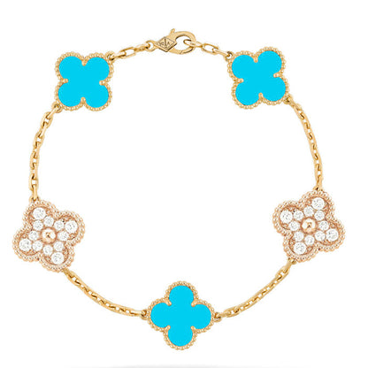 [LUXE] CLOVER 5 MOTIF TURQUOISE DIAMOND GOLD BRACELET