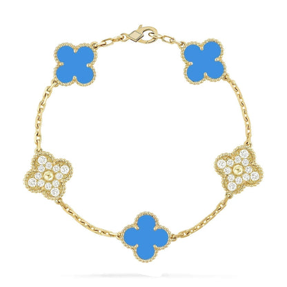 [LUXE] CLOVER 5 MOTIF BLUE CHALCEDONY DIAMOND GOLD BRACELET