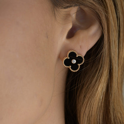 [LUXE] CLOVER MEDIUM 1 MOTIFS ONYX DIAMOND EARRINGS