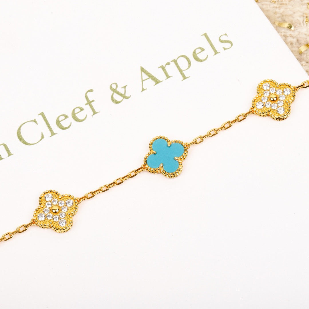 [LUXE] CLOVER 5 MOTIF TURQUOISE DIAMOND GOLD BRACELET