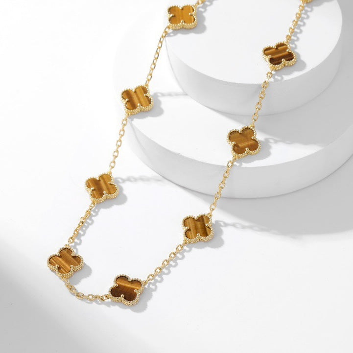 [LUXE] CLOVER 10 MOTIFS TIGER EYE NECKLACE