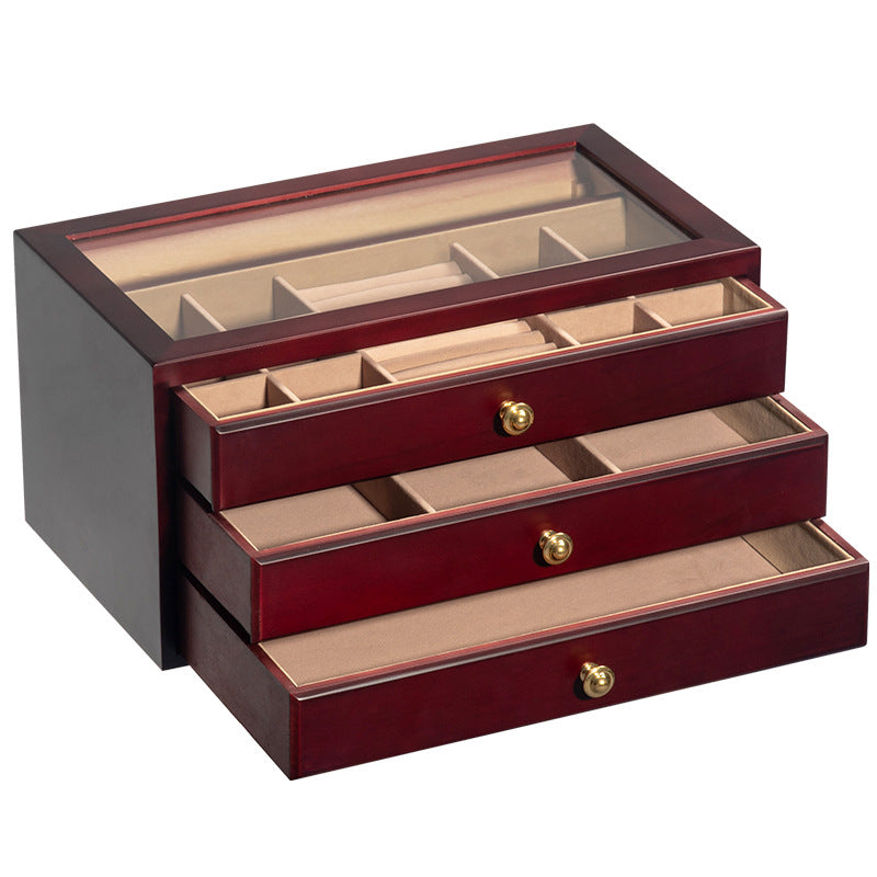 HIGH-GRADE SOLID WOOD JEWELRY BOX TRANSPARENT GLASS STORAGE BOX