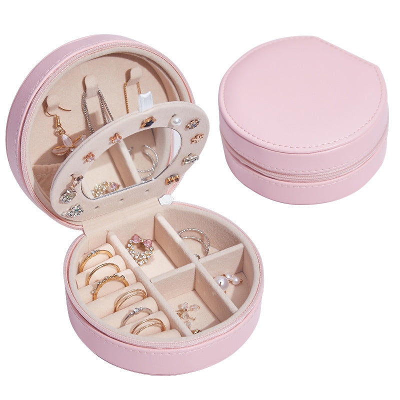 LEATHER ROUND JEWELRY BOX TRAVEL PORTABLE JEWELRY STORAGE BOX