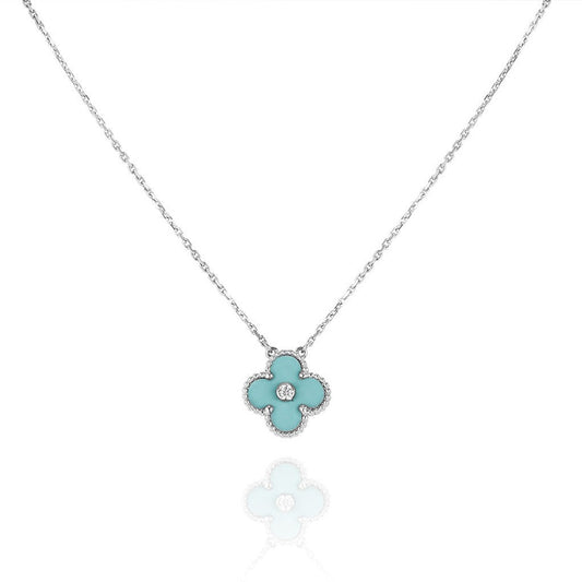 [LUXE] CLOVER 1 DIAMOND LIGHT BLUE SILVER NECKLACE