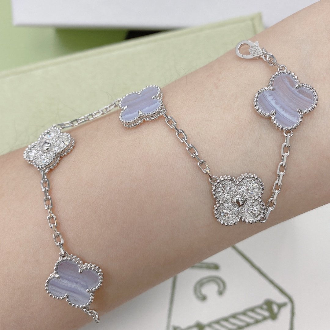 [LUXE] CLOVER  5 MOTIF DIAMOND PURPLE CHALCEDONY BRACELET SILVER