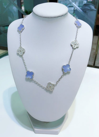 [LUXE] CLOVER 10 MOTIFS CHALCEDONY DIAMONDS SILVER NECKLACE