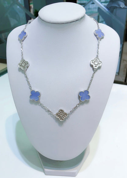 [LUXE] CLOVER 10 MOTIFS CHALCEDONY DIAMONDS SILVER NECKLACE